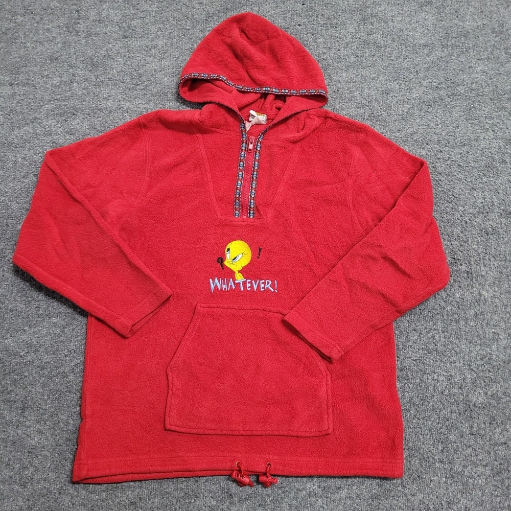 Looney Tunes Fleece Hoodie Womens Size M Red Tweety Bird Vintage 2000s Graphic
